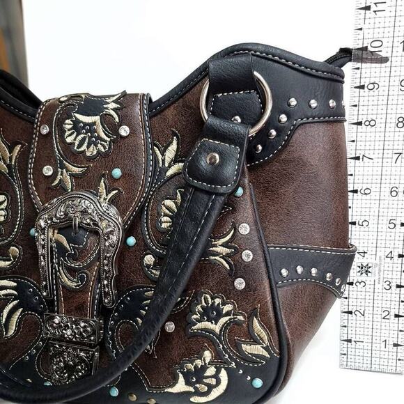 Western Handbag Purse Tote Floral Buckle Bold Silver Blue Turquoise Shoulder Bag - Picture 10 of 11